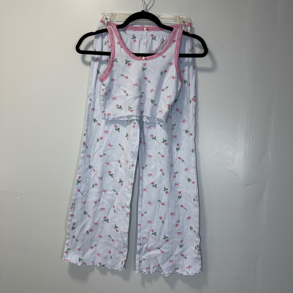 Messy Bun Just Chillin Womens XS Blue Pink Tulip‎ Bow Pointelle Pajama Set 2pc